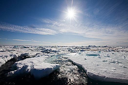 挪威,斯瓦尔巴特群岛,峡湾,漂浮,冰山,边缘,第一,浮冰,阳光,夏天,下午,群岛