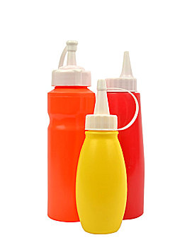 芥末,番茄酱,喷射,瓶子,隔绝,白色背景