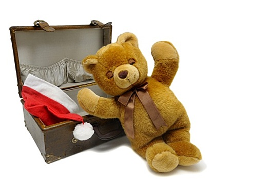 老,箱包,帽子,泰迪熊,隔绝,白色背景