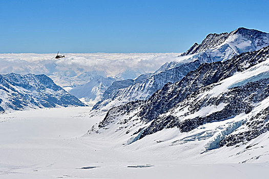 直升飞机,高处,冰河,雪,风景,少女峰,瓦莱州,瑞士,欧洲