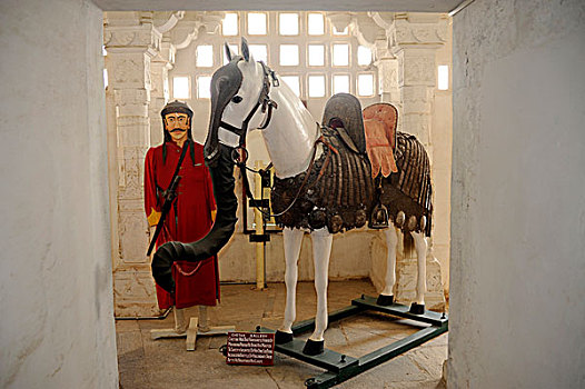 雕塑,马,城市宫殿,乌代浦尔,拉贾斯坦邦,北印度,印度,南亚,亚洲