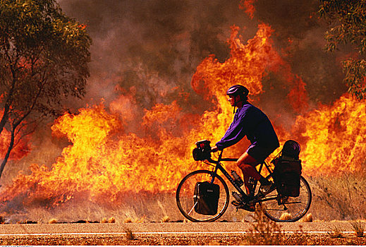 男人,骑自行车,靠近,灌丛火灾,西澳大利亚,澳大利亚