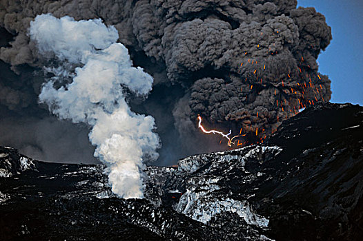 闪电,火山灰,云,火山,岩浆,熔岩流,正面,冰河,产生,冰岛,欧洲