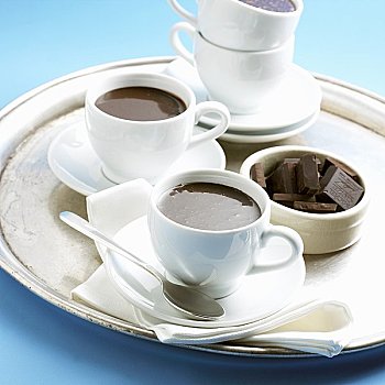 两个,杯子,黑巧克力,浓咖啡,盘子,巧克力