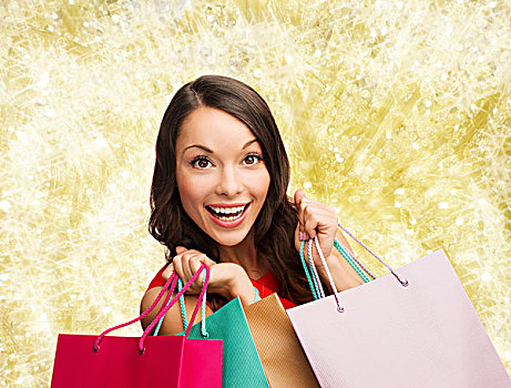 销售,礼物,圣诞节,休假,人,概念,微笑,女人,彩色,购物袋,上方,黄光,背景