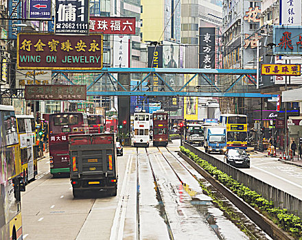 城市街道,标识,巴士,有轨电车,香港,中国