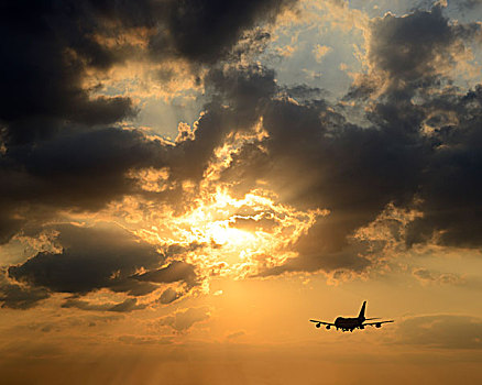 飞机,客机,剪影,日落,生动,云