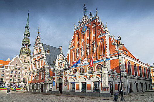 市政厅,广场,房子,圣徒,教堂,老城,里加,晚上,拉脱维亚