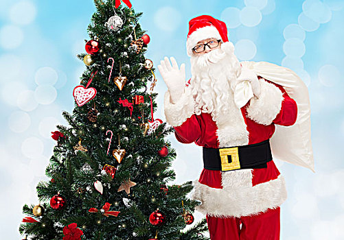 圣诞节,休假,人,概念,男人,服饰,圣诞老人,包,圣诞树,摆动,表针,上方,蓝色,背景