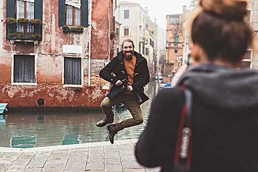 女人,摄影,男人,跳跃,运河,威尼斯,意大利