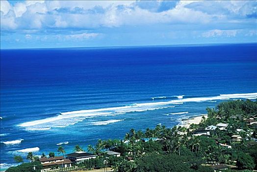 夏威夷,瓦胡岛,北岸,俯视,日落海滩,海岸线,冲浪,海洋