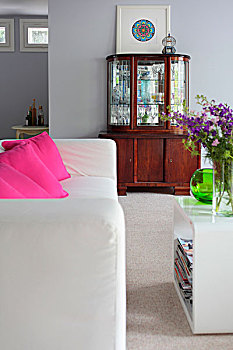 白色,沙发,粉色,散落,垫子,塑料制品,边桌,老式,展柜,墙壁,背景