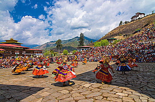 服装,舞者,宗教,喜庆,许多,游人,不丹,策秋庆典