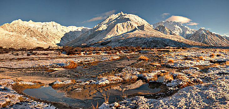 山谷,山,日出,河,库克山国家公园,新西兰