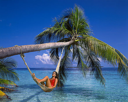 女孩,躺着,吊床,阿里环礁,马尔代夫,印度洋