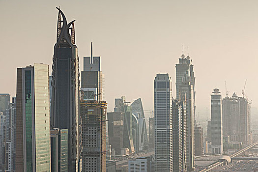 阿联酋,迪拜,市区,高层建筑,建筑,道路,俯视图,黃昏