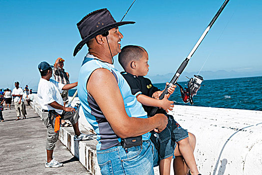 家庭,钓鱼,码头