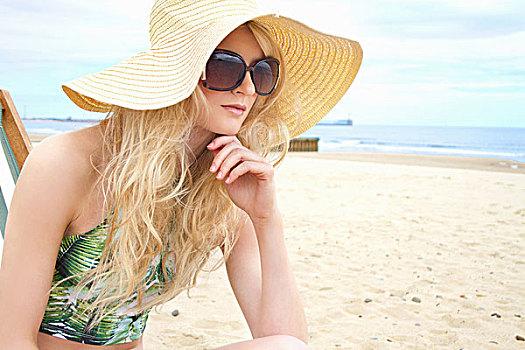 年轻,女人,头像,太阳帽,墨镜,海滩