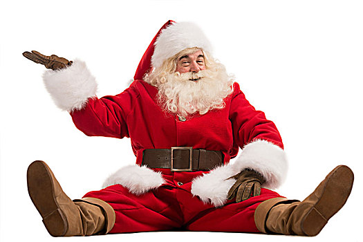 搞笑,有趣,圣诞老人,展示,赠送,手势,坐,白色背景,全身