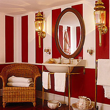 一对,灯笼,框架,椭圆,镜子,红色,白色,条纹,浴室