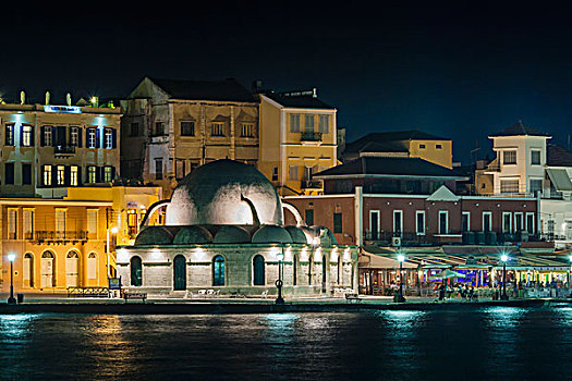 土耳其,清真寺,夜晚,威尼斯,港口,哈尼亚,克里特岛,希腊