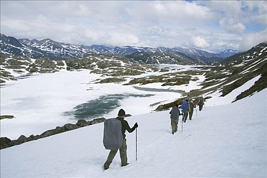 远足者,雪地,小路,火山湖,不列颠哥伦比亚省,加拿大