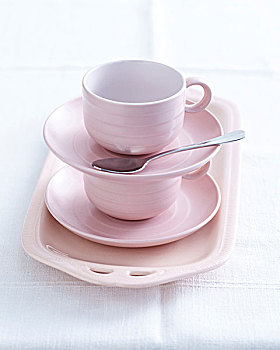 粉色,杯子,碟,一堆,盘子,准备,高,茶