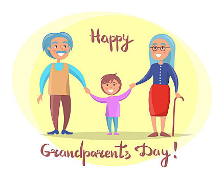 高兴,祖父母,白天,老年,夫妻,孙子,海报,走,握手,矢量,插画,明信片,圆,白色背景