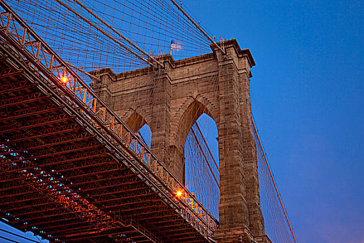 早晨,仰视,布鲁克林大桥,纽约,美国