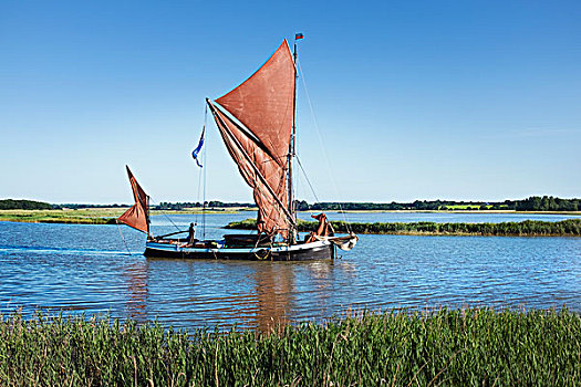 传统,帆船,红色,帆,索具,航行,水,芦苇,床,河,湾流
