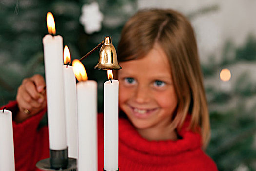 孩子,亮光,圣诞节,蜡烛,正面,圣诞树