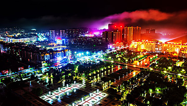 城市夜景,建筑群,街灯,蓝光,红光,高楼,雾,平流雾