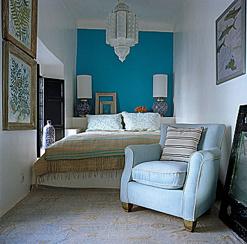 狭窄,卧室,传统,摩洛哥,现代,家具,鲜明,青绿色,墙壁