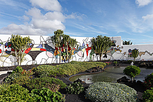墙壁,描绘,花园,住宅,特盖斯,兰索罗特岛,加纳利群岛,西班牙,欧洲