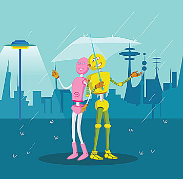 机器人,伴侣,遮蔽,伞,雨