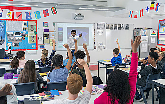 男性,教师,领导,授课,投影屏幕,教室,学生,抬手