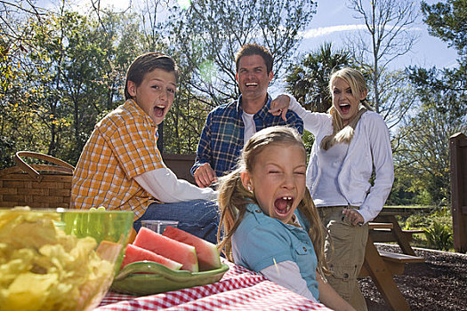 肖像,孩子,幸福之家,笑,张嘴,野餐桌,靠近,营地