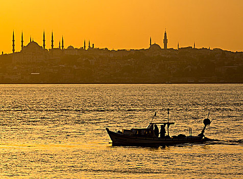夜光,博斯普鲁斯海峡,海洋,蓝色清真寺,剪影,日落,伊斯坦布尔,土耳其