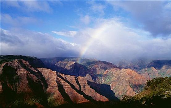 夏威夷,考艾岛,彩虹,俯视,威美亚峡谷,蓝天,下午,影子