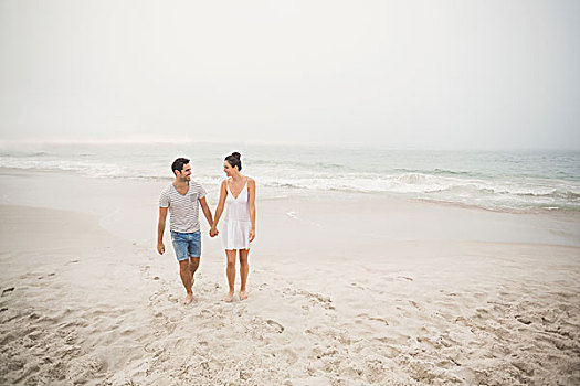 幸福伴侣,握手,走,海滩,晴天