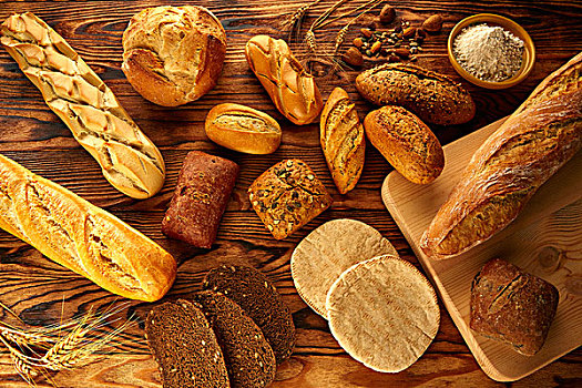 面包,新鲜,多样,混合,金色,乡村,木头,桌子