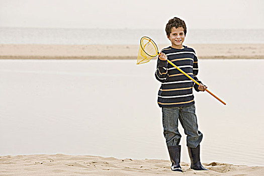 男孩,海滩,拿着,渔网