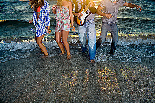 群体,跳舞,吉他,海滩,潮汐