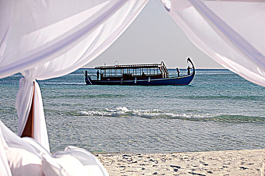 马尔代夫,岛屿,环礁,一个,海滩,豪华酒店,船,背景