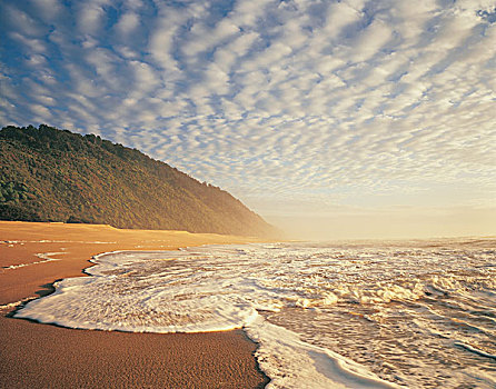 日落,海滩,卡胡朗吉国家公园,新西兰