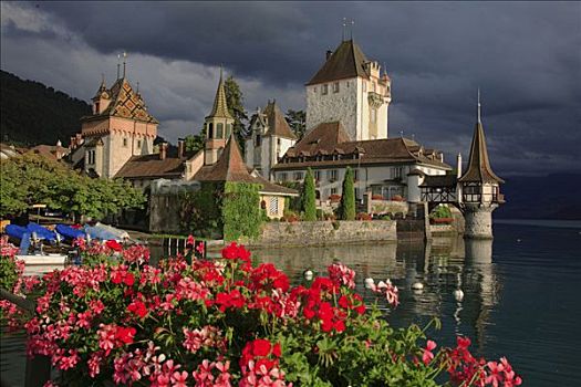 城堡,湖,瑞士,欧洲