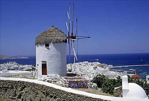 风车,远眺,城镇,港口,米克诺斯岛,基克拉迪群岛,希腊