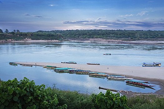 船,日落,湄公河,海滩,乡村,省,东北方,泰国