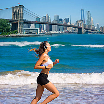 黑发,女孩,跑,纽约,布鲁克林大桥,照片