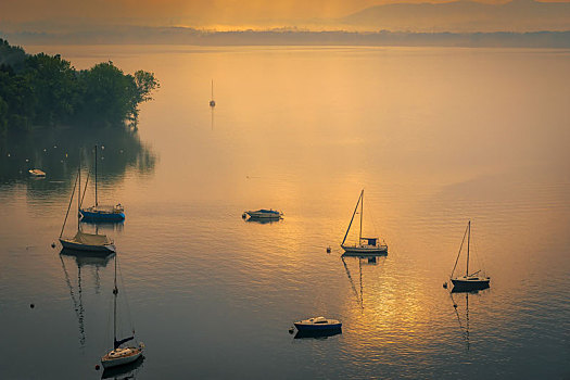 游艇,早晨,雾气,马焦雷湖